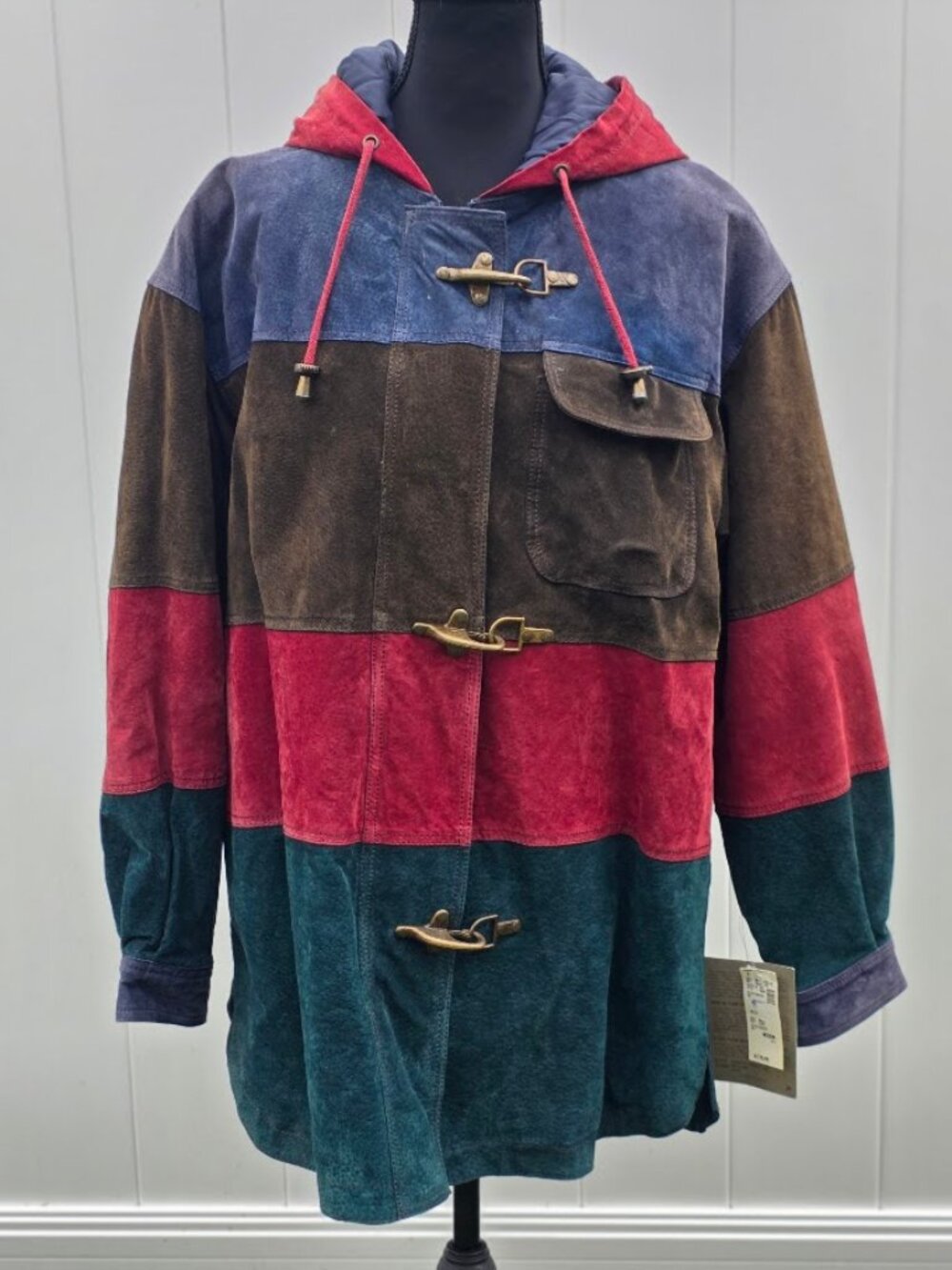 Vintage 90s G-III Colorblock Suede Leather Hooded Jacket M NWT